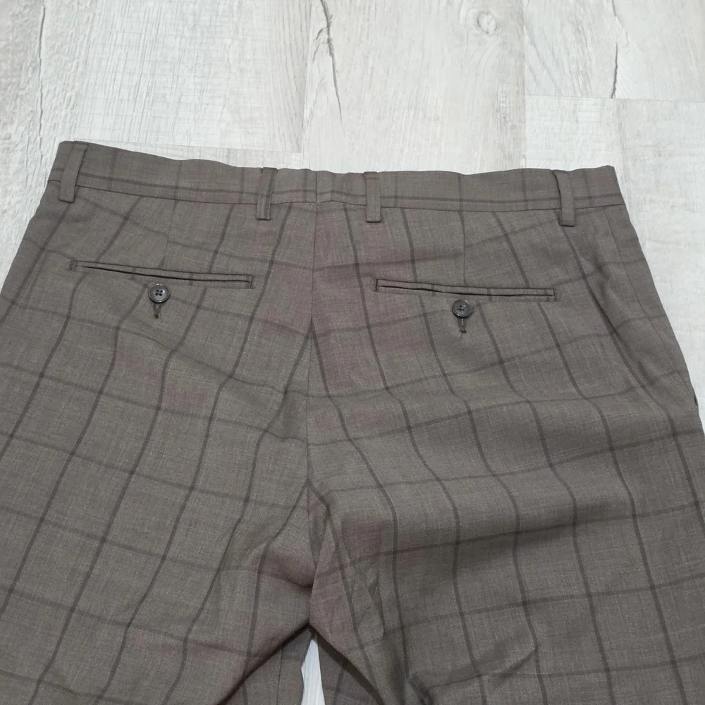 Paul Fredrick Men's Brown Windowpane Plaid 100% Wool Tailored Fit Dress Pants 34